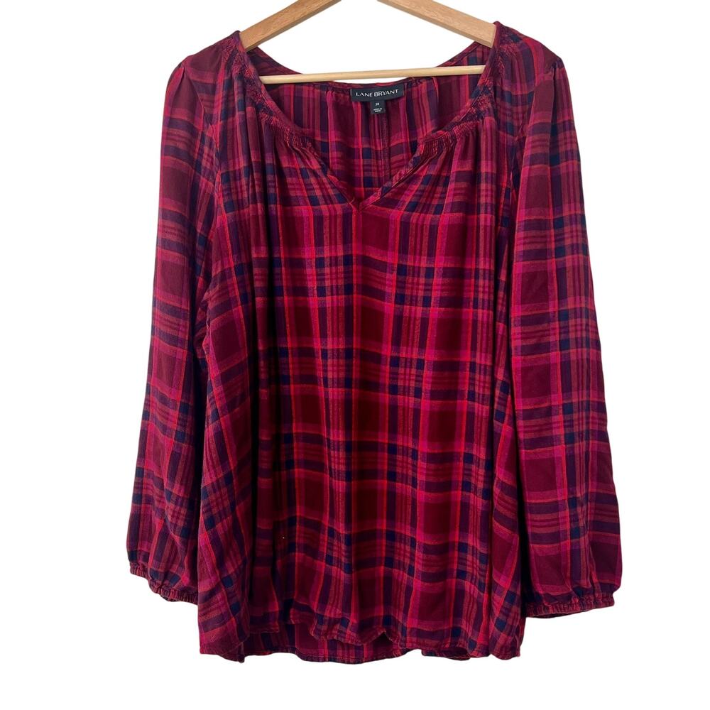Lane Bryant Women's Plus Sz 20 Split Neck Plaid‎ Peasant Popover Top Long Sleeve